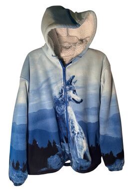 Vintage 90’s Black Canyon Wolf Mountain Western Hoodie Fleece Jacket Blue Sz XL